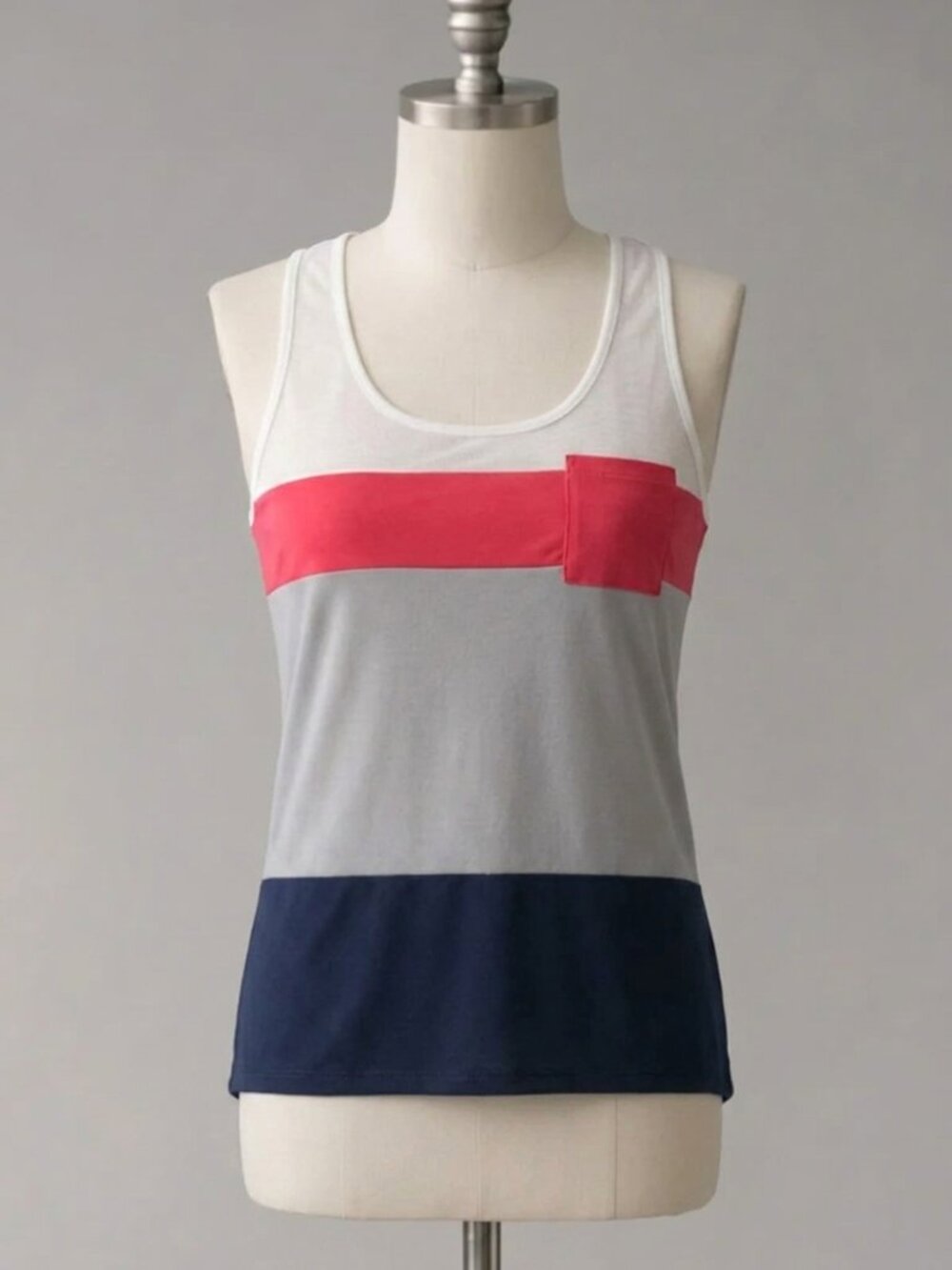 Ambiance Apparel | Gray, Navy & Pink Color Block Sheer Racerback Tank | Size M